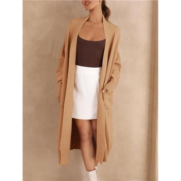 Womens Long Cardigan Sweaters with Pockets Khaki - Picture 4 of 5